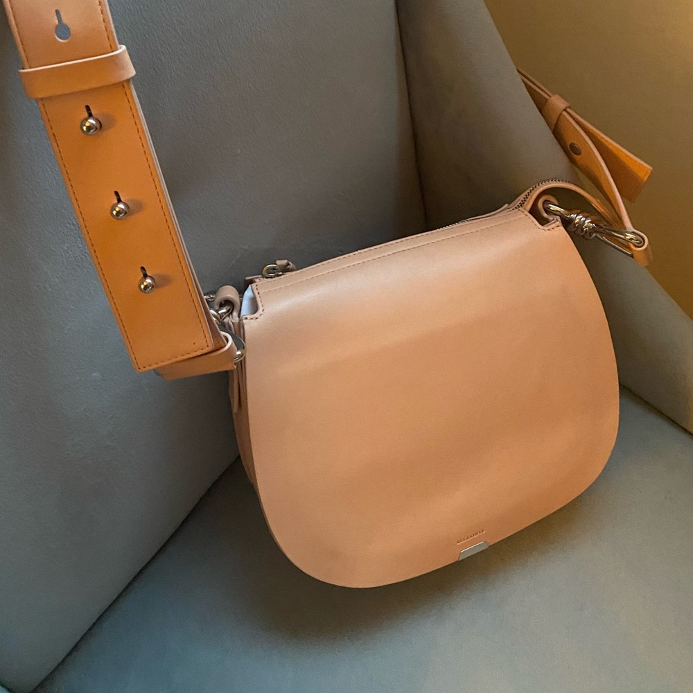 Allsaints Crossbody smooth peachy nude genuine leather bag, silver hardware